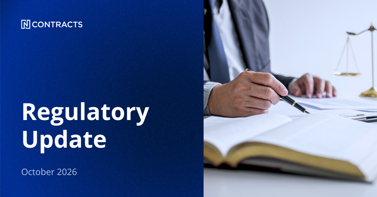Ncontracts October 2026 Regulatory Update blog header with a person writing beside an open book and a scale of justice
