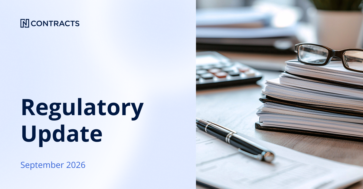 Ncontracts September 2026 Regulatory Update banner with a stack of documents, glasses, and a pen on a desk
